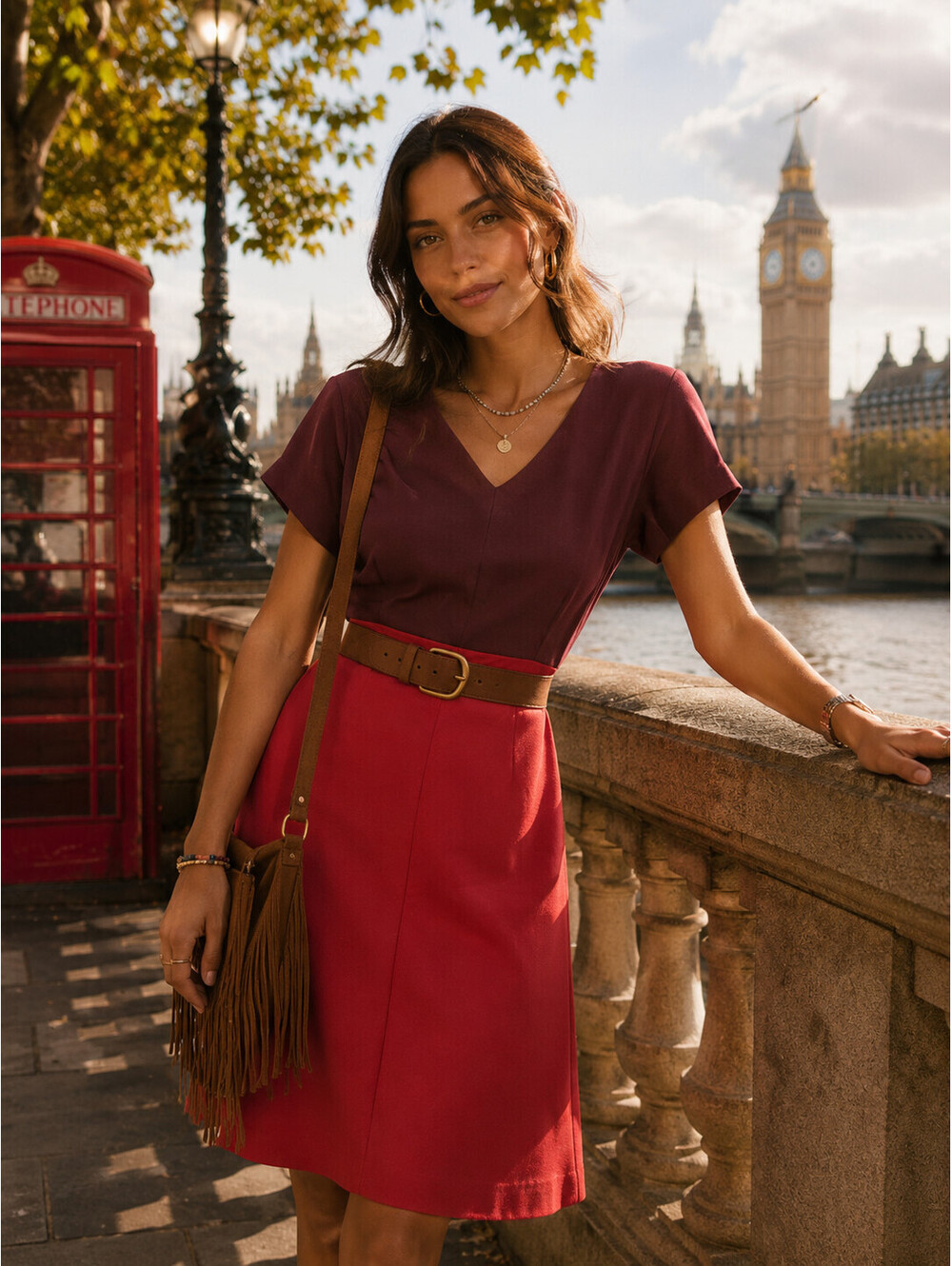 Victoria Beckham Wine and Coral Day Dress US 6/ UK 10/ EU 38/ IT 42